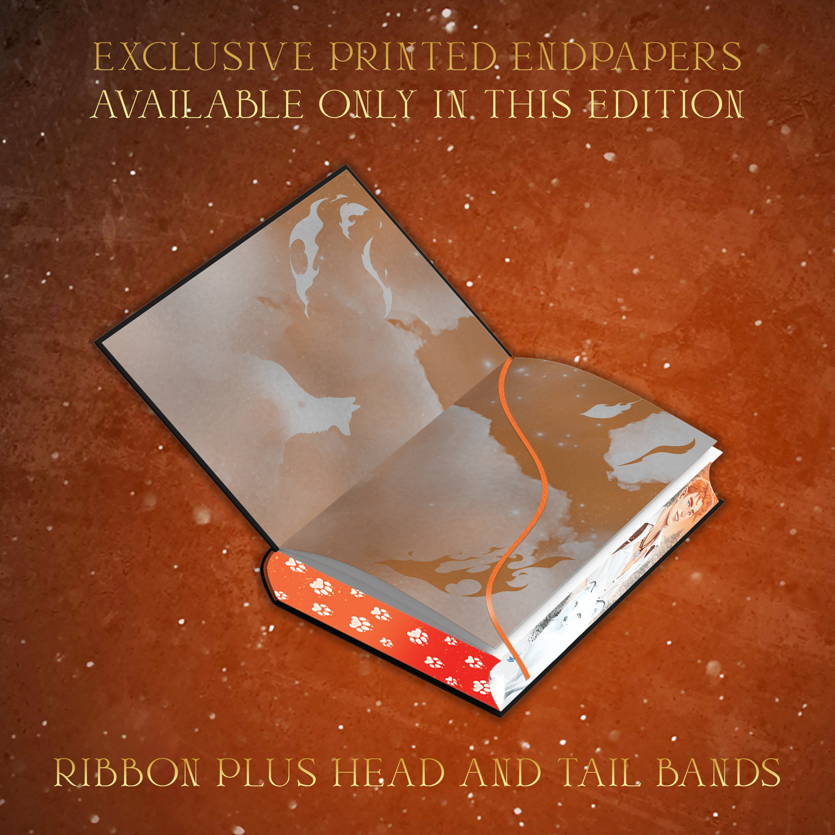 Image of burnt orange endpapers with flame and fox details